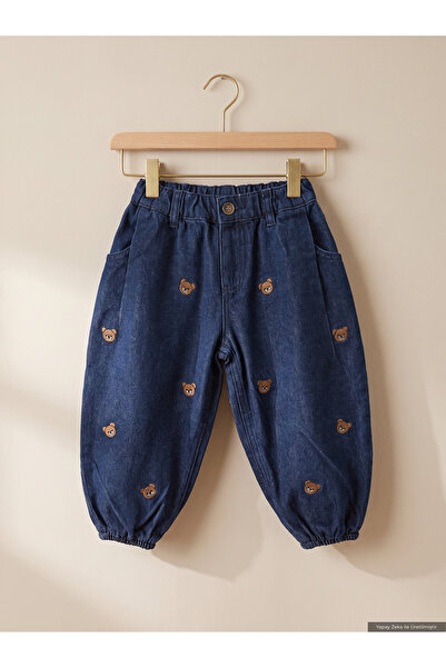 Bubu Kido Koyu Mavi Ayı Nakışlı Beli ve Paçası Lastikli Jogger Kot Pantolon