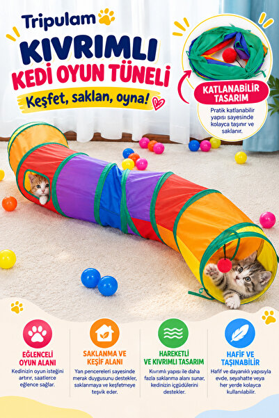TRİPULAM Gökkuşağı Renkli Kedi & Köpek Oyun Tüneli – Uzun Eğlenceli Kıvrımlı ...