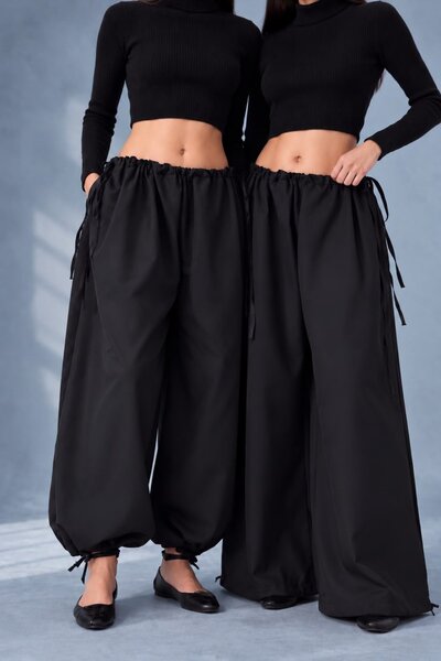 SLAVİ İSTANBUL Women's Black Oversize Micro Satin Palazzo Wide Leg Trousers C...