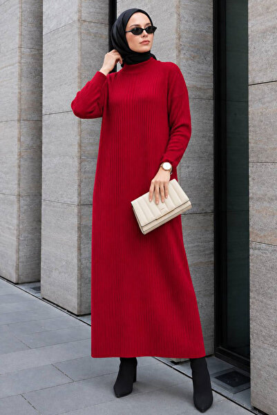 Neva Style فستان تريكو حجاب أحمر بياقة عالية 34150K