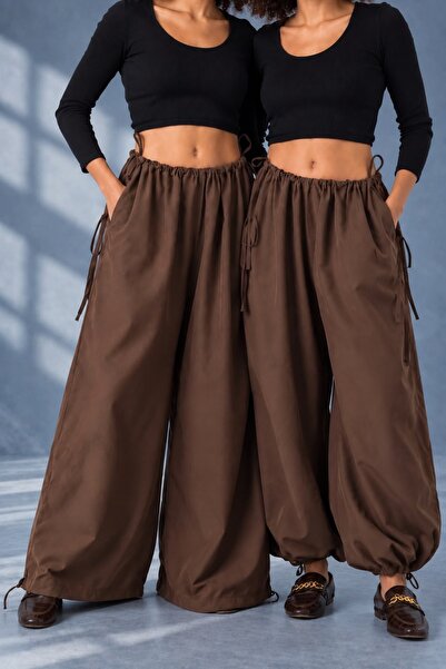 SLAVİ İSTANBUL Women's Brown Oversize Micro Satin Palazzo Wide Leg Trousers C...
