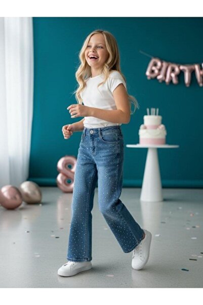 Zekids Κοριτσίστικο παντελόνι με φαρδύ πόδι με κεντημένο πέτρα μπλε τζιν