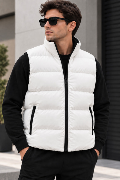 Shine Stone Dik Yaka Şişme Yelek Erkek Oversize Fermuarlı Cepli Spor Günlük Y...
