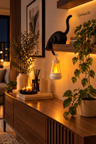 Qatman3d Dekoratif Siyah Kedi Raf Süsü LED Mumluk – 3D Baskı Tealight Fener