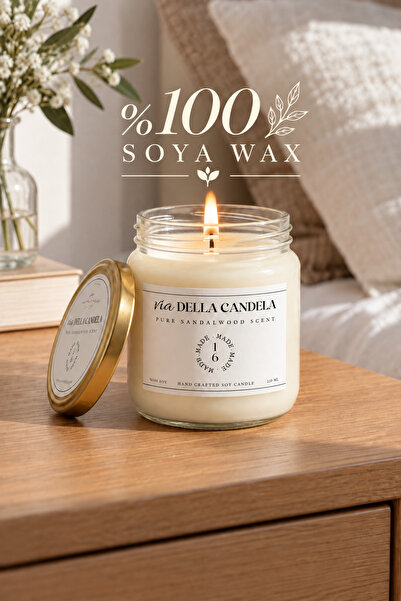 El Yapımı Sandal Ağacı Kokulu Dekoratif Kavanoz Mum 210 ml %100 Soy Wax