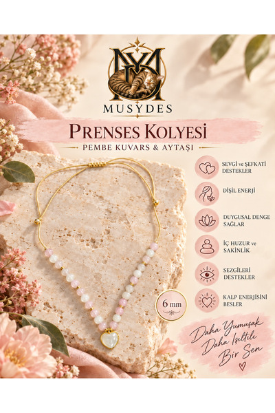 Prenses Kolyesi Ay Taşı & Pembe Kuvars Doğal Taş Kolye 6mm