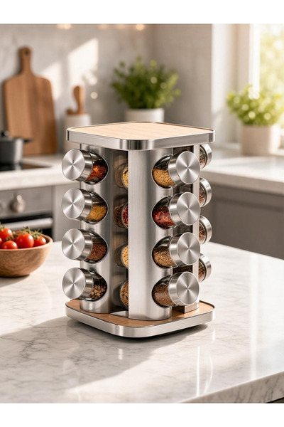 EVSTYLE 16-Piece Stainless Steel Glass Spice Rack Set with Wooden Lid and Met...