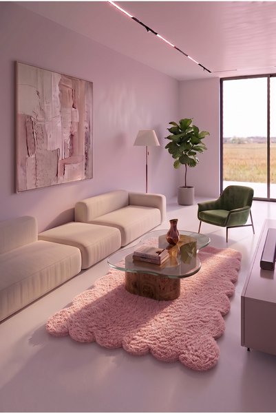 SOFT DECOR Pembe Kaymaz Taban Peluş Dekoratif Papatya Oda Halısı Tozumaz Yumu...