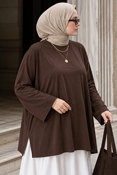 AFVENTE Lavinya Large Size Oversize Long Sleeve Combed Cotton Blouse Brown