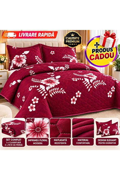 OEM Set Cuvertură de Pat 3 Piese, 220x240 cm, Matlasată, Pat Dublu, 2 Fețe de...