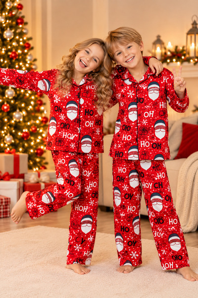 Free Beka New Year Patterned Red Long Sleeve Buttoned Front Shirt Collar Family Pajama Set Combination