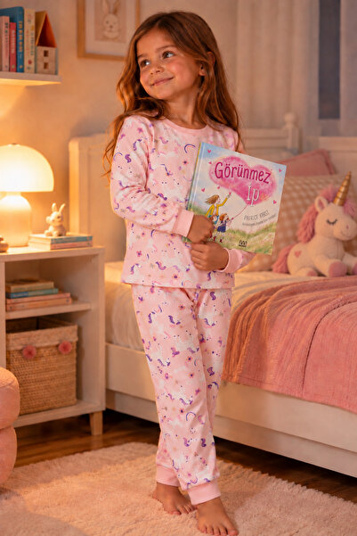 Kız Çocuk Pembe Unicorn Desenli Uzun Kollu Pijama Takımı – Özel Kutulu