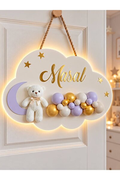 Bonika İstediğiniz Ismi Yazıyoruz - Bubble Ayıcıklı Ledli Bulut Bebek Kapı Süsü