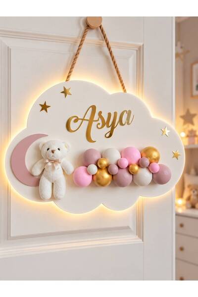 Bonika İstediğiniz Ismi Yazıyoruz - Bubble Ayıcıklı Ledli Bulut Bebek Kapı Süsü
