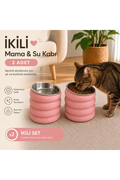 Basart İkili Set Modern Kedi Mama ve Su Kabı – Çelik Kaseli, Yüksek Tasarım, ...