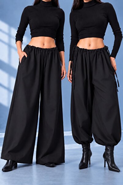 SLAVİ İSTANBUL Women's Black Oversize Micro Satin Palazzo Wide Leg Trousers C...