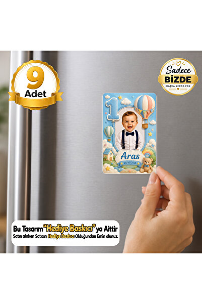 Hediye Baskıcı Sıcak Hava Balonu Temalı 1 Yaş Fotoğraflı 9 Adet Buzdolabı Mag...
