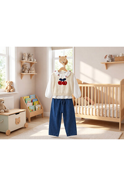 Tuffy Kids Kirazlı Süveter Kız Çocuk Takım 3 Parça Ekru