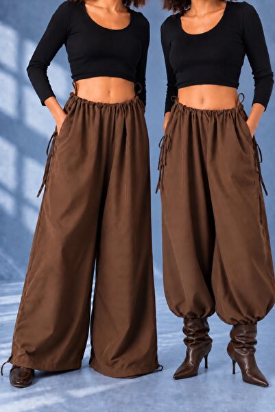 SLAVİ İSTANBUL Women's Brown Oversize Micro Satin Palazzo Wide Leg Trousers C...