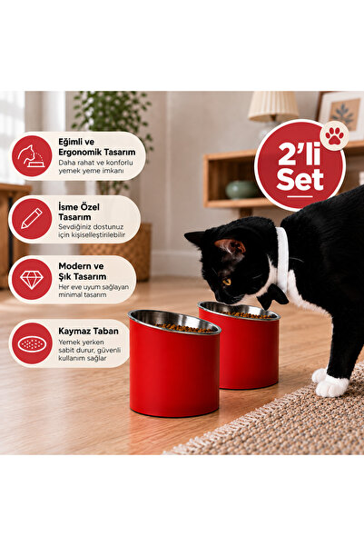 Basart 2’li Kişiye Özel İsim Yazılı Kedi Köpek Mama Kabı | Eğimli Kaymaz Taba...