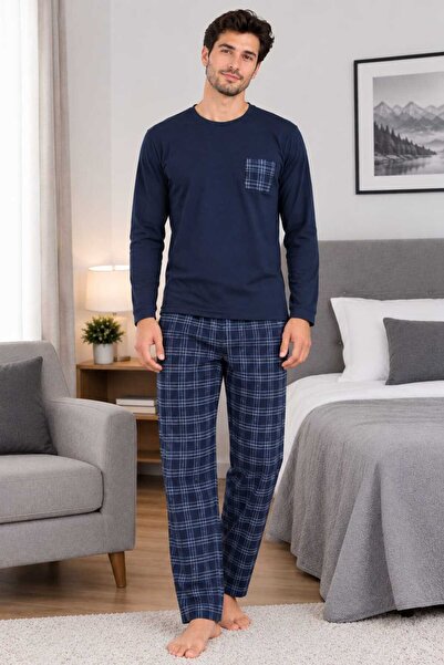 PİJART Lacivert Ekose Uzun Kollu Pamuklu Erkek Pijama Takımı