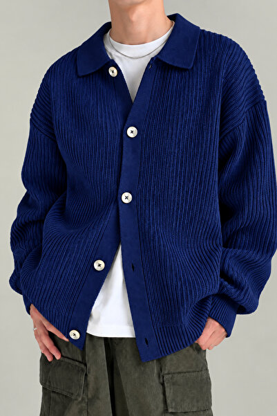 GENIUS STORE Erkek Hırka Oversize Kalıp Düğmeli Polo Yaka Triko Kazak Çekme/U...