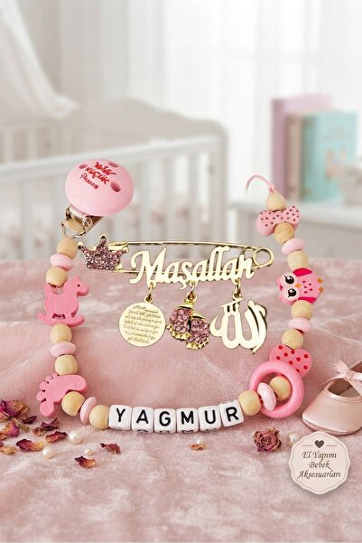 Sahi Aksesuar Isimli Bebek Emzik Zinciri Ve Pembe Taşlı Bebek Yaka Iğnesi - T...