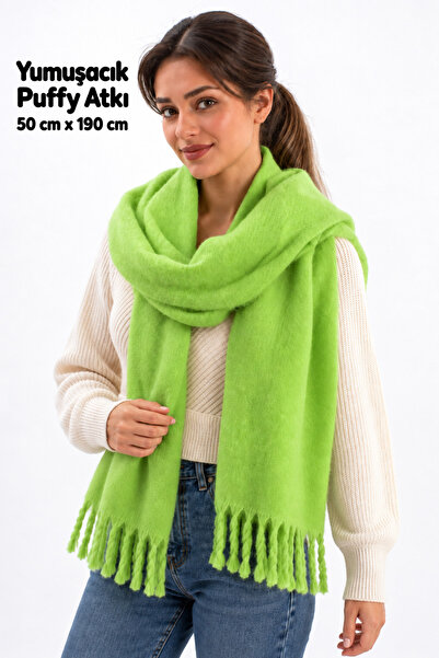 Bermody Puffy Yeşil Yumuşak Dokulu Kadın Atkı Şal Omuz Şalı 50 cm x 190 cm