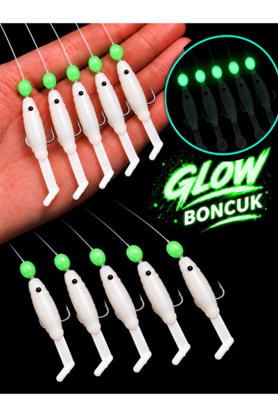 ea genset Beyaz Silikon Balıklı Çapari 5 Cm (2 Adet) Silikon At Çek Takımı Fosforlu Glow Boncuklu