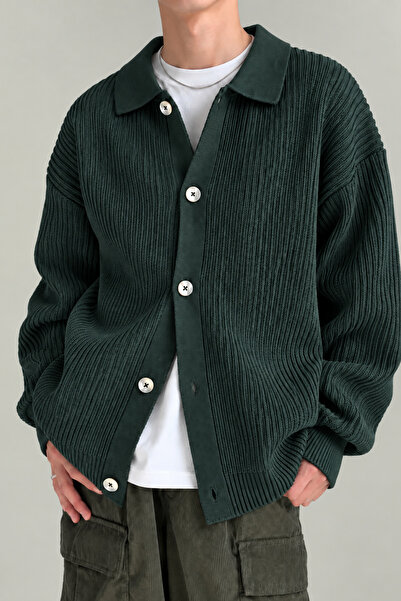 GENIUS STORE Erkek Hırka Oversize Kalıp Düğmeli Polo Yaka Triko Kazak Çekme/U...