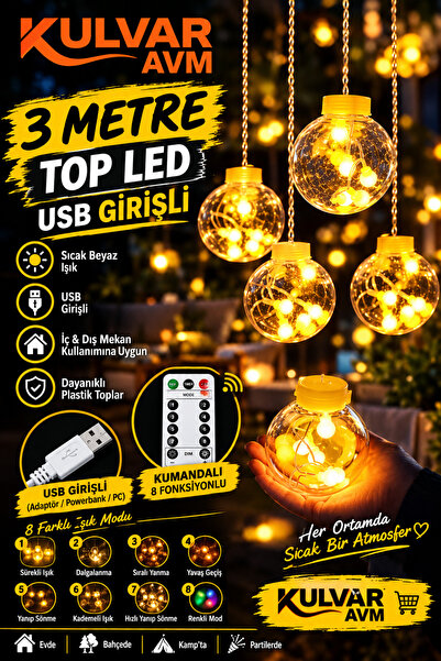 KULVARAVM Kumandalı 8 Ayrı Fonksıyonlu Top Perde Led Peri Perde Led Usb Giriş...