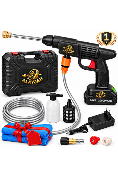 Alayjah Rechargeable Cordless Car Wash Gun 96V High Pressure Washer with 5M Hose, Foam Bottle, 2 Microfiber Cloths Gift, Portable Cleaning Machine, 1 Year