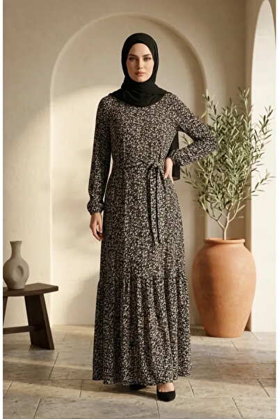 sefamerve Rochie tesettür din țesătură Bürümcük cu model floral și curea 0580-01 Negru nurcă