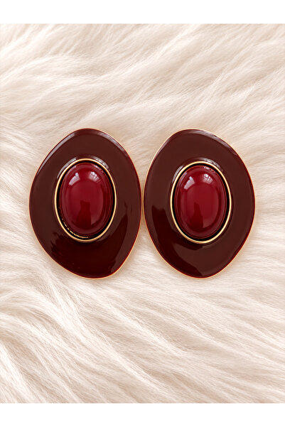 LENORE Bordeaux Bordo Oval Taşlı Gold Detaylı Vintage Kadın Küpe