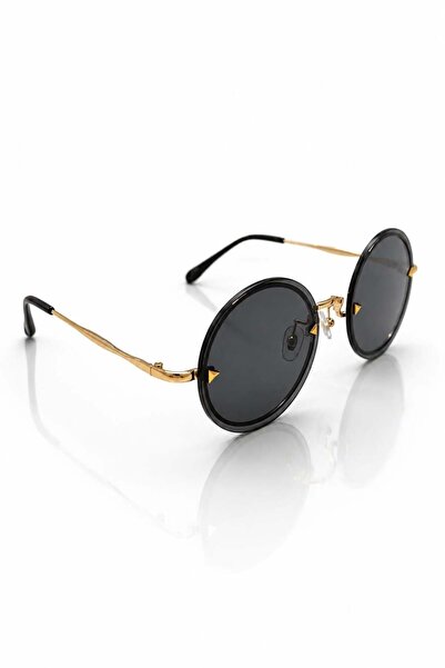 Juuuj Black Glass Metal Frame Round Shape Classic Design Detailed Sunglasses