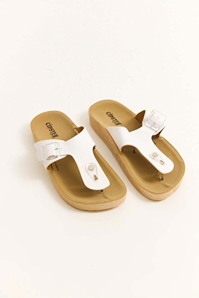 Juuuj White Faux Leather Lightweight Flip-Flops with Buckle Detail, Suitable ...