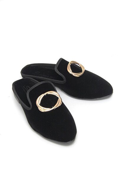 Juuuj Black Suede Textured Pointed Toe Non-Slip Sole Daily Slippers with Acce...