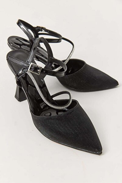 Juuuj Black Textured Fabric Pointed Toe Ankle Strap Stone Detailed Comfortabl...