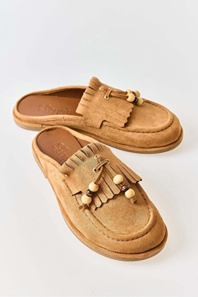 Juuuj Beige Suede Textured Soft Sole Mule Slippers with Tassels and Bead Deta...