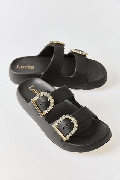 Juuuj Black Lightly Textured Open-Front Two-Strap Soft Sole Slippers with Sto...