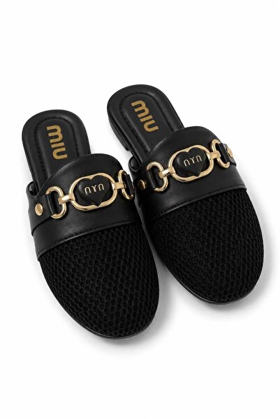 Juuuj Black Lightweight and Flexible Textured Slippers with Gold Buckle and M...