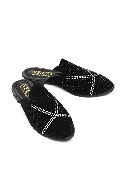 Juuuj Black Lightweight and Flexible Textured Pointed Toe Slippers with Stone...