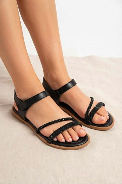 Juuuj Black Lightweight and Flexible Textured Ankle Strap Sandals with Stone ...