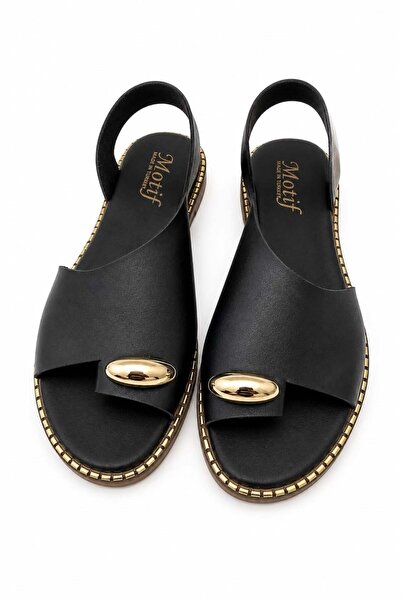 Juuuj Black Thin Sole Sandals with Gold Buckle Detail, Open Sides, Comfortabl...