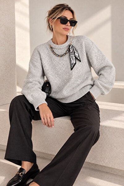 Juuuj Gray Soft Textured Knitwear Crew Neck Drop Shoulder Ribbed Cuff Scarf D...