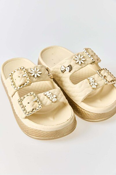 Juuuj Cream Knitted Textured Double Buckle Non-Slip Sole Comfortable High Sol...