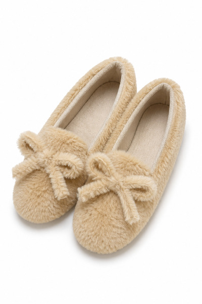 Juuuj Cream Plush Fabric Soft Textured Flexible Pvc Sole Bow Detail Comfortab...