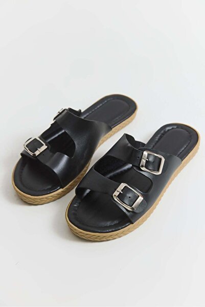 Juuuj Black Leather Look Double Buckle Soft Sole Non-Slip Daily Use Slippers