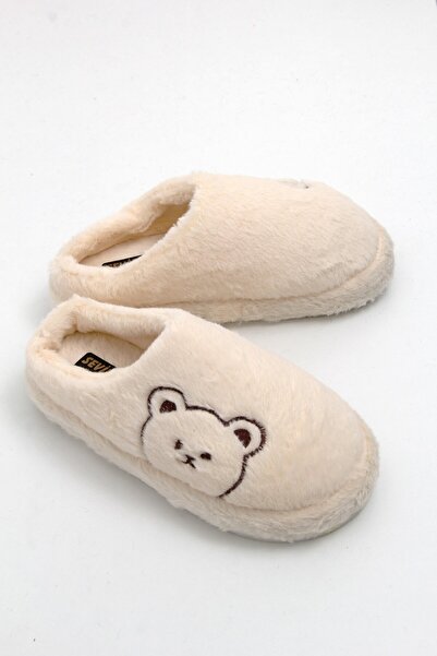 Juuuj Beige Plush Textured Closed-Front House Slippers with Embroidered Teddy...