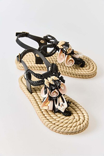 Juuuj Black Sequin Embroidered Lightweight Rope Sole Flip-Flop Sandals with A...